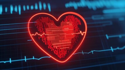Digital heart monitor with heartbeat visualization and red heart shape.