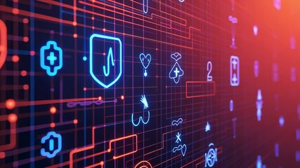 A digital interface featuring various technology icons and symbols.