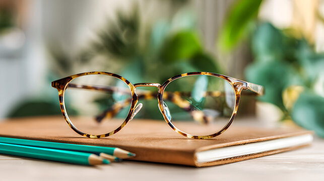 Close up of tortoiseshell eyeglasses resting on a notebook with pencils and plants.

 - Powered by Adobe