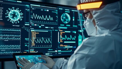 Scientist analyzing data on a digital screen in protective gear. - Powered by Adobe
