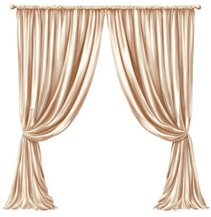 Elegant beige drapes are tied back with fabric tassels against a dark background.