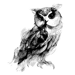 Detailed owl illustration drawing in black and white for nature and wildlife animal art projects design