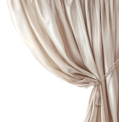 Luxurious beige fabric curtain with ornate rope tie-back and tassel.