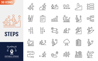 Steps icon set. Containing icons: stairs, footprint, progress, step by step, roadmap, process, walk and more. Vector illustration