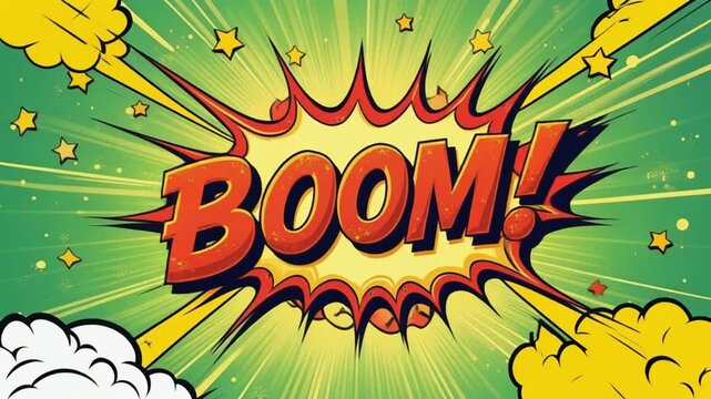 Explosion Comic Book Style "BOOM!" Text with Green and Yellow Rays Background