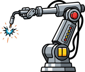 Robotic welding arm performing industrial task with sparks.