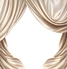 Elegant beige curtains are parted to reveal a black background space.