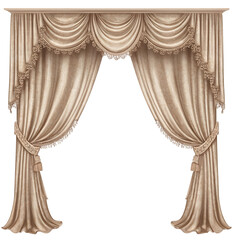 Elegant beige velvet curtains with ornate trim frame a dark background.