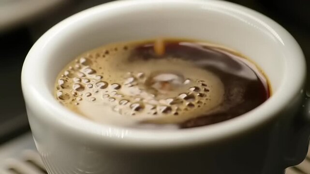 Espresso coffee pouring into white cup.