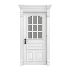 Elegant white door with glass window and ornate frame.