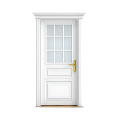 White paneled door with glass upper section and gold handle.