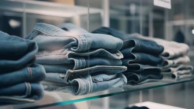 cinematic close-up of neatly stacked denim jackets on a glass display shelf