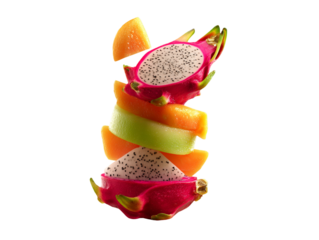 Balanced Stack of Tropical Fruits with Dragon Fruit on Top and Melon Wedge Tipping Off Edge, Side Angle Shot, Isolated on Transparent Background
