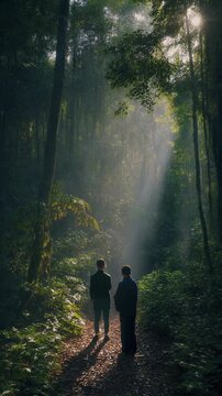 Aerial cinematic drone of sustainable eco path through dense jungle,