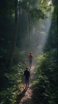  Aerial cinematic drone of sustainable eco path through dense jungle,