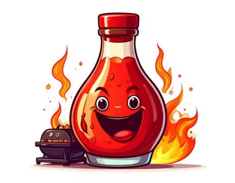  Cartoon Barbecue Sauce Bottle with Flames and Grill – PNG Cutout