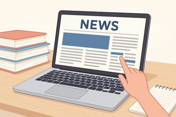 Person reading news online on a laptop at a wooden desk surrounded by books, highlighting the digital shift in media consumption and the importance of staying informed.