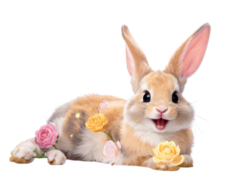 Cartoon Bunny Rabbit with Flowers and Sparkles – PNG Cutout
