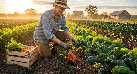 A dedicated farmer harvesting carrots in the expansive field