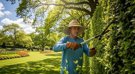 Gardener trimming the hedge in sunny park with beautiful landscape