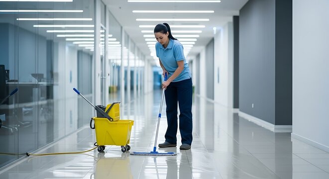 A janitor cleaning a hallway with a mop and bucket
