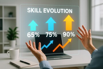 Professional analyzing skill evolution metrics through digital interface, symbolizing growth, technology, and the importance of continuous learning in modern workplaces.
