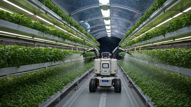 Robot navigating greenhouse aisles to harvest microgreens efficiently