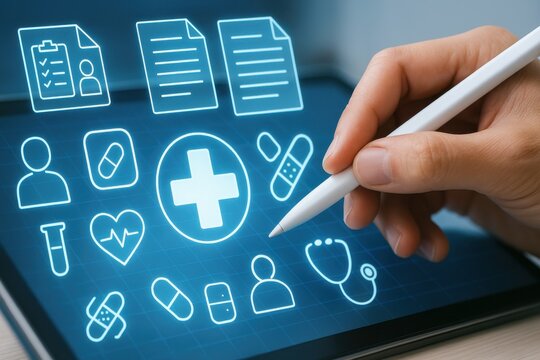 Healthcare professional using digital tablet to manage patient data and health records. Concept of telemedicine, digital health, and modern healthcare technology.