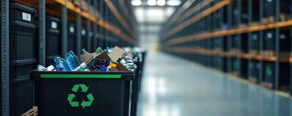 A recycling bin filled with waste materials is prominently featured in a warehouse aisle lined with storage boxes, emphasizing sustainability and waste management.