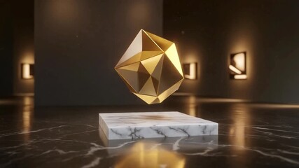 Golden Geometric Polygon Levitating Above Marble Pedestal in Modern Gallery. - Powered by Adobe