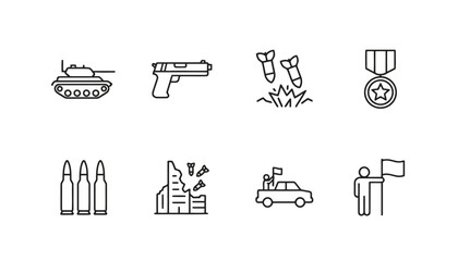 Fototapeta premium War and Military Outline Icons with Tank, Medal, Bombs