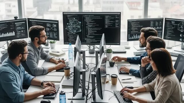 Team of developers working on computers in a modern office with multiple monitors displaying code and data
