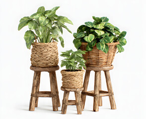Three houseplants in woven baskets on rustic wooden stools.