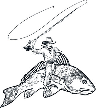 Vintage hand drawn sketch of cowboy on red drum fish hold fishing gear