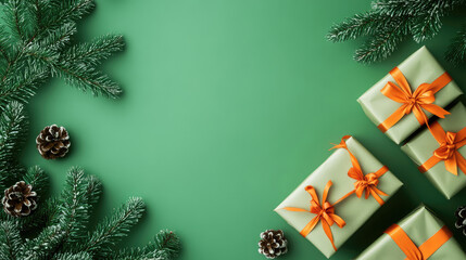 high-resolution photography of green tree branches, christmas gifts with orange ribbons and christmas decoration on a green background