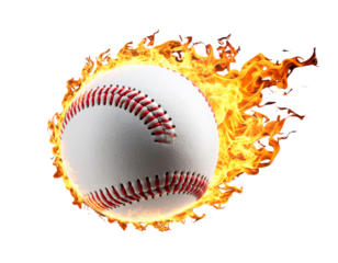  Baseball Ball with Fiery Flames Flying Forward, High-Speed Motion, Isolated on Transparent Background