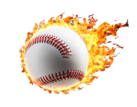 Baseball Ball with Fiery Flames Flying Forward, High-Speed Motion, Isolated on Transparent Background