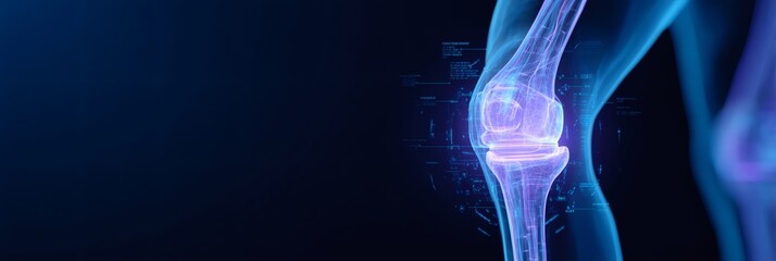 Human leg bone structure with digital data overlay. Future medical diagnostics and orthopedic research concept using advanced technology.
