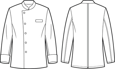 Front and back flat technical drawing of chef jacket, professional uniform design, mandarin collar coat, vector clothing template, CAD illustration
