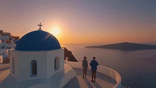Aerial cinematic view of luxury cliffside villa in Santorini at sunrise, two silhouettes enjoying terrace