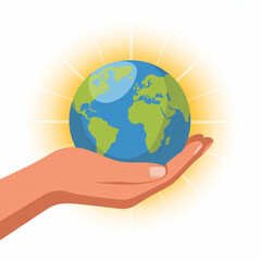 Human hand gently holding the glowing earth with bright sun rays behind.