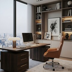 Fototapeta premium Luxurious contemporary home office interior featuring a stylish executive desk, built-in bookshelves, and a stunning urban skyline view