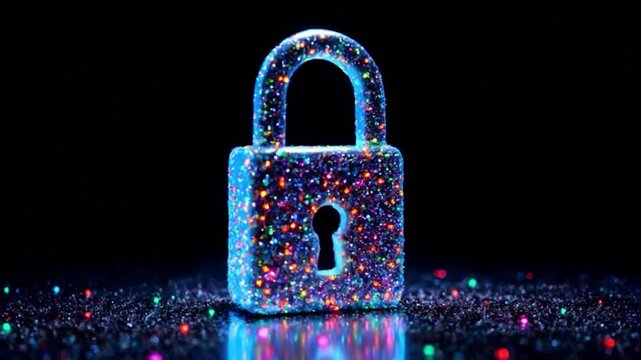 Sparkling Digital Lock Icon with Colorful Lights on Dark Background