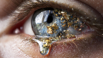 Eye Crying a Single Tear Made of Golden Flakes