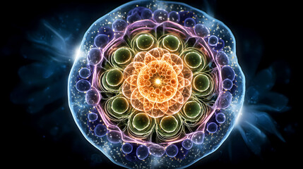 Cross-Section of a Glowing Human Cell with a Mandala Nucleus