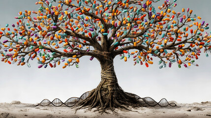 Tree of Life with Pills as Leaves and DNA Roots