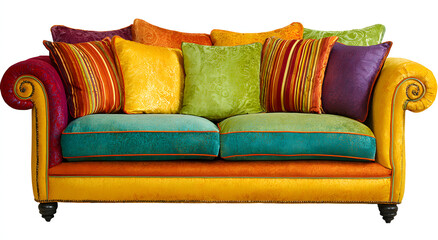 Colorful couch with patterned and solid cushions offers vibrant seating comfort.