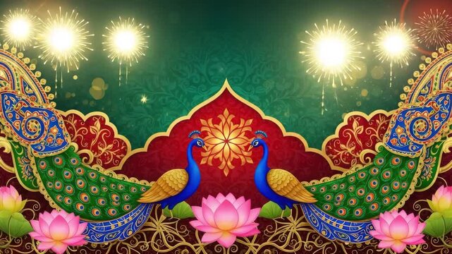 Intricate indian peacock and lotus floral design with fireworks and ornate patterns