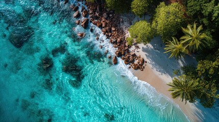 Top-down aerial drone view of a stunning tropical beach. Crystal-clear turquoise water laps against a white sand shore with large granite boulders and lush green palm trees. Paradise island concept