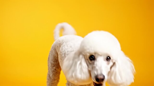 White Poodle Walking on Bright Yellow Background
